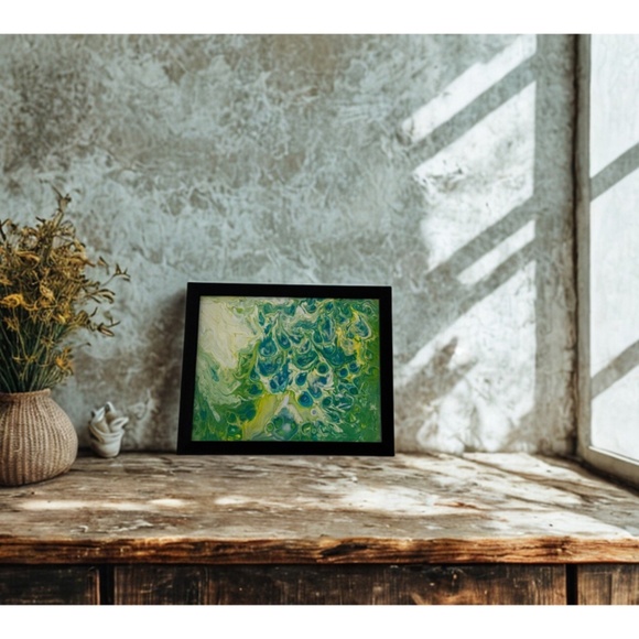 Original Abstract Acrylic Pour Painting | Green & Blue Art | Framed 8x10 Panel - Picture 6 of 8